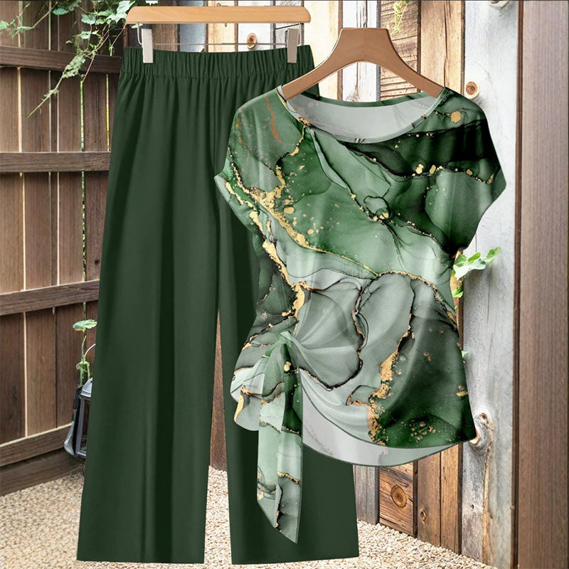 Ensemble Femme Haut Imprimé et Pantalon Large Coupe Ample