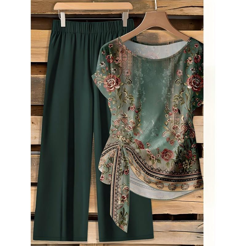 Ensemble Femme Haut Imprimé et Pantalon Large Coupe Ample