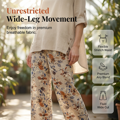Ensemble Deux Pièces Femme Coton Lin Pantalon Floral Coupe Droite