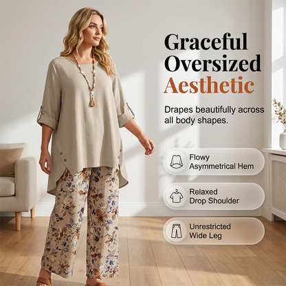 Ensemble Deux Pièces Femme Coton Lin Pantalon Floral Coupe Droite