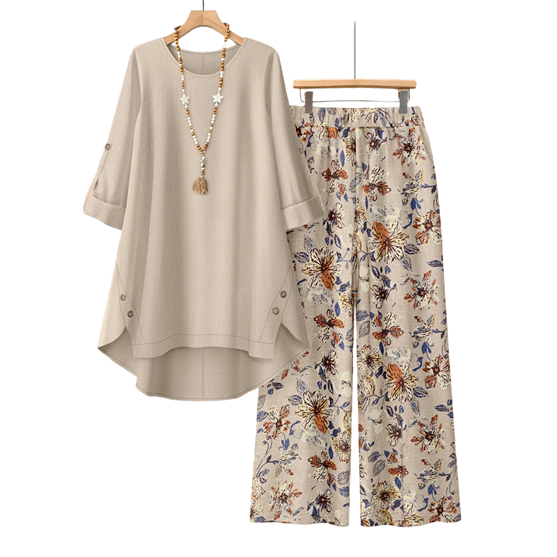 Ensemble Deux Pièces Femme Coton Lin Pantalon Floral Coupe Droite