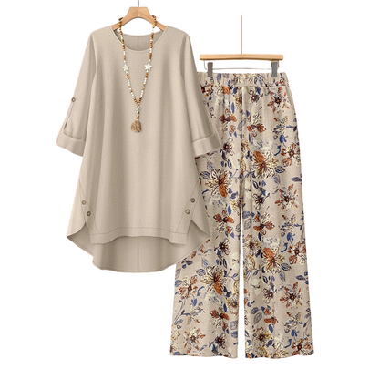 Ensemble Deux Pièces Femme Coton Lin Pantalon Floral Coupe Droite