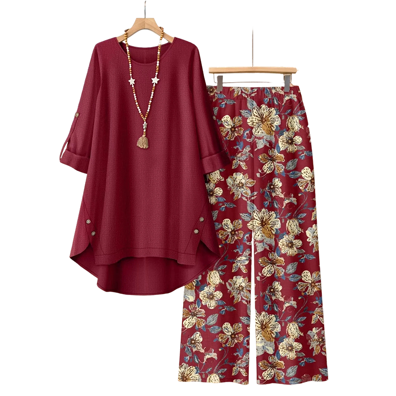 Ensemble Deux Pièces Femme Coton Lin Pantalon Floral Coupe Droite