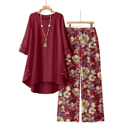 Ensemble Deux Pièces Femme Coton Lin Pantalon Floral Coupe Droite