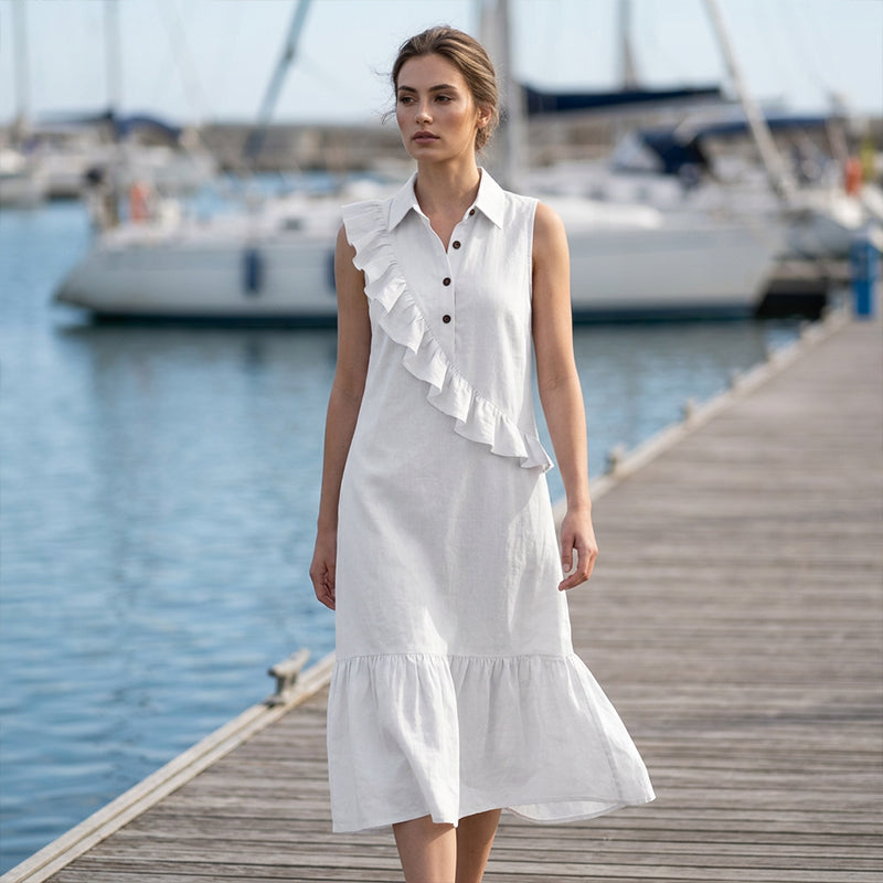 Robe longue Femme Volants Asymétriques Col Polo