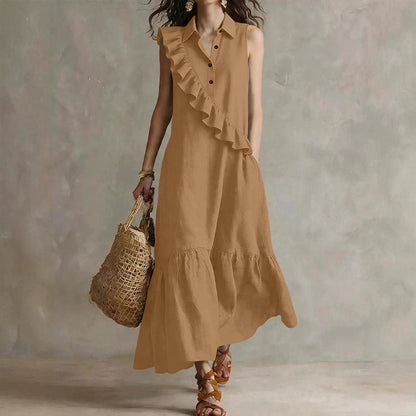 Robe longue Femme Volants Asymétriques Col Polo