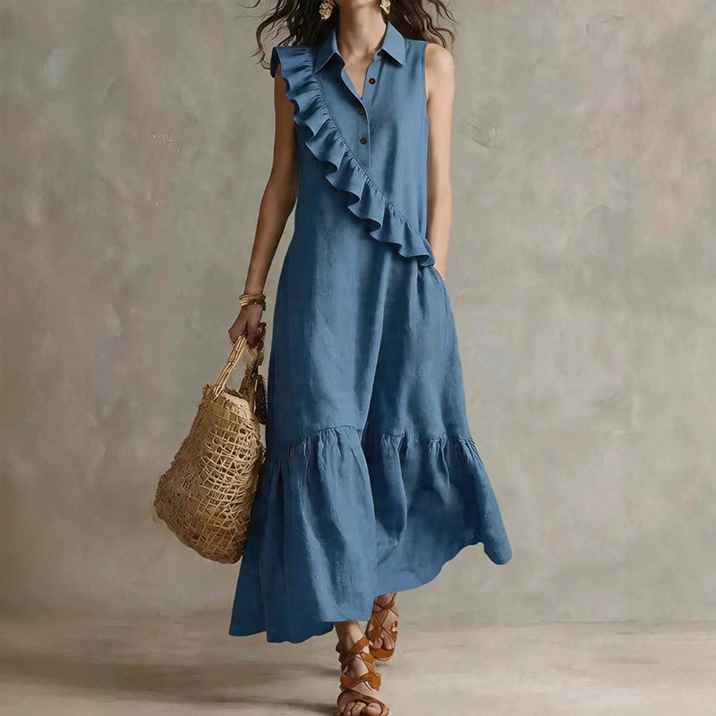 Robe longue Femme Volants Asymétriques Col Polo
