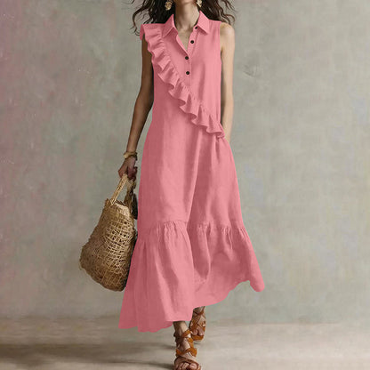 Robe longue Femme Volants Asymétriques Col Polo