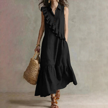 Robe longue Femme Volants Asymétriques Col Polo