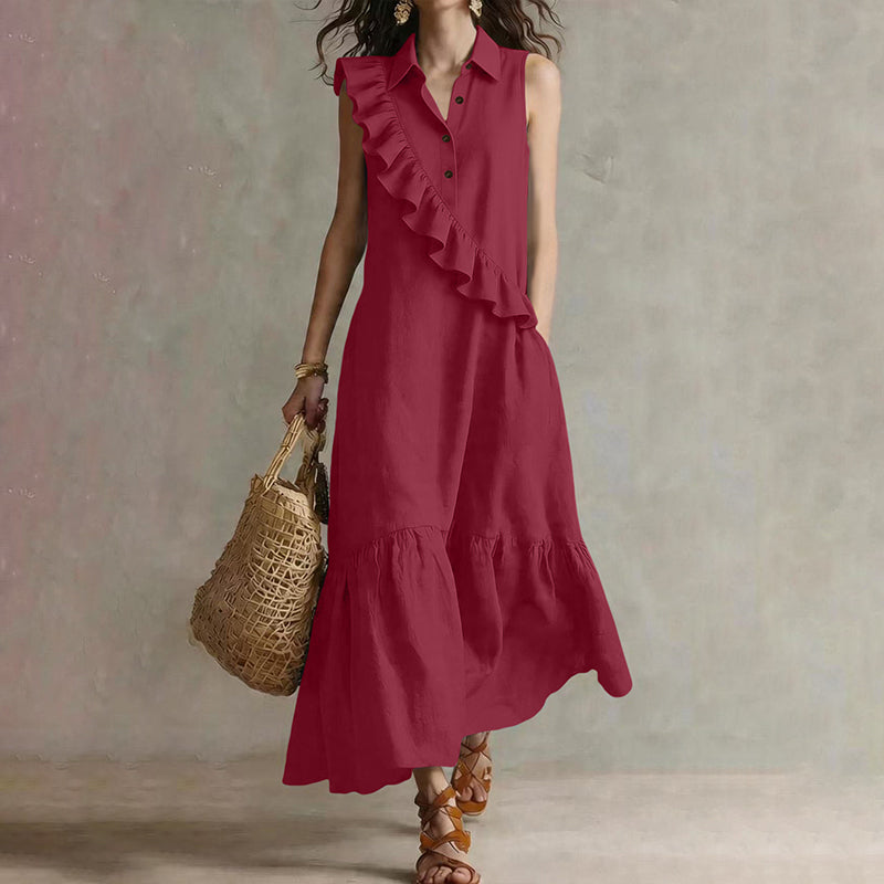 Robe longue Femme Volants Asymétriques Col Polo