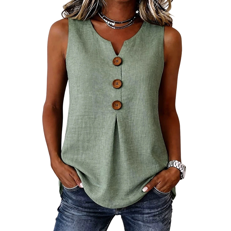 Débardeur Femme Col en V Boutons Décoratifs Coupe Ajustée