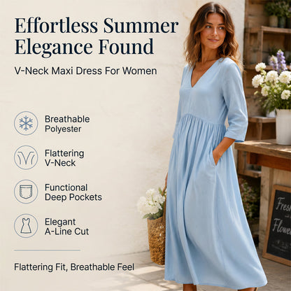 Robe longue Femme Fluide Col en V Manches Trois-Quarts