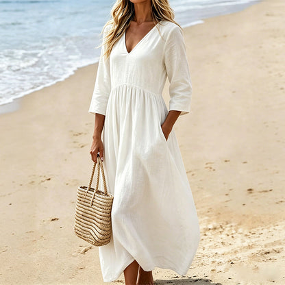 Robe longue Femme Fluide Col en V Manches Trois-Quarts