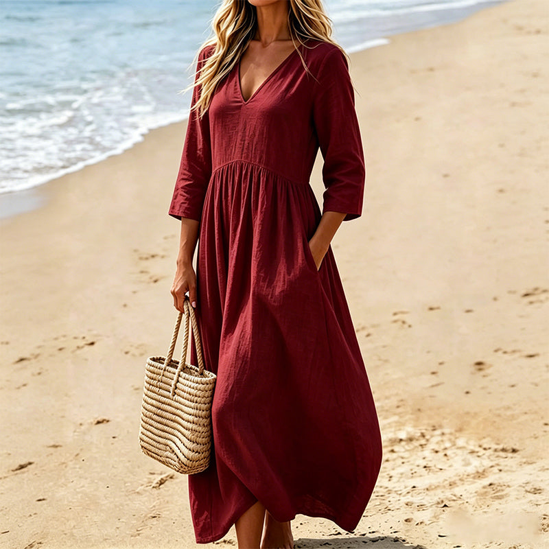 Robe longue Femme Fluide Col en V Manches Trois-Quarts