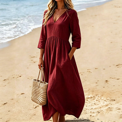 Robe longue Femme Fluide Col en V Manches Trois-Quarts