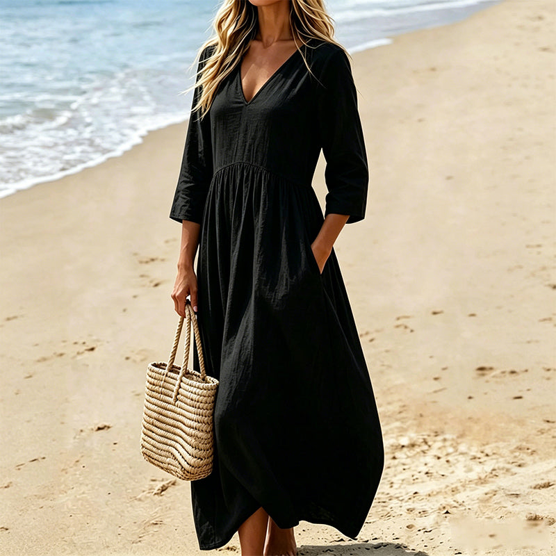 Robe longue Femme Fluide Col en V Manches Trois-Quarts