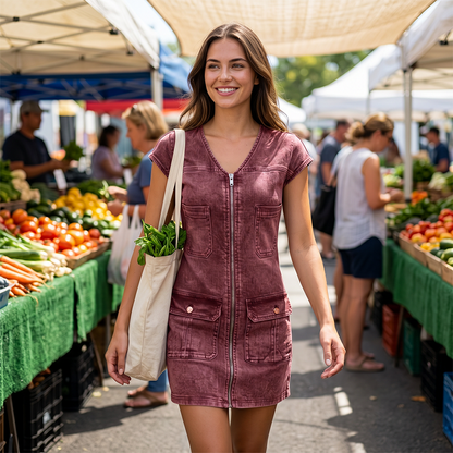 Robe courte femme effet denim zippée poches pratiques