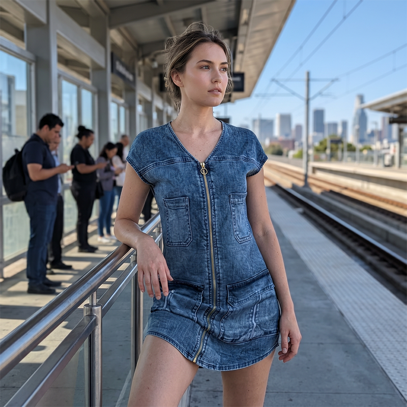 Robe courte femme effet denim zippée poches pratiques