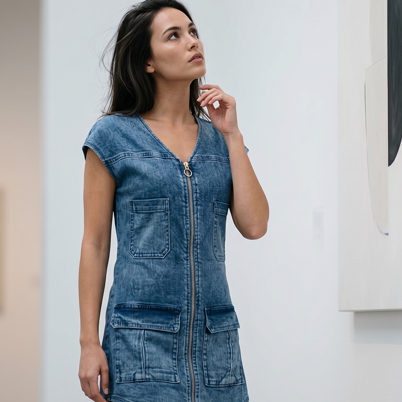 Robe courte femme effet denim zippée poches pratiques