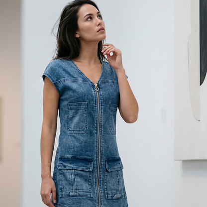Robe courte femme effet denim zippée poches pratiques