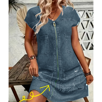 Robe courte femme effet denim zippée poches pratiques