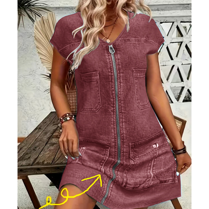 Robe courte femme effet denim zippée poches pratiques