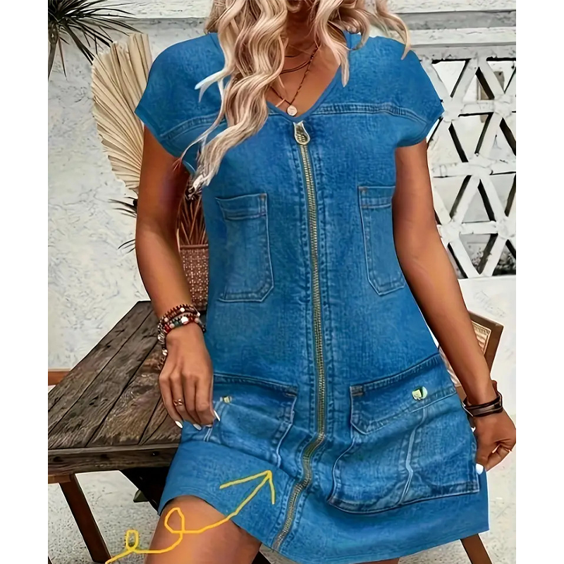 Robe courte femme effet denim zippée poches pratiques