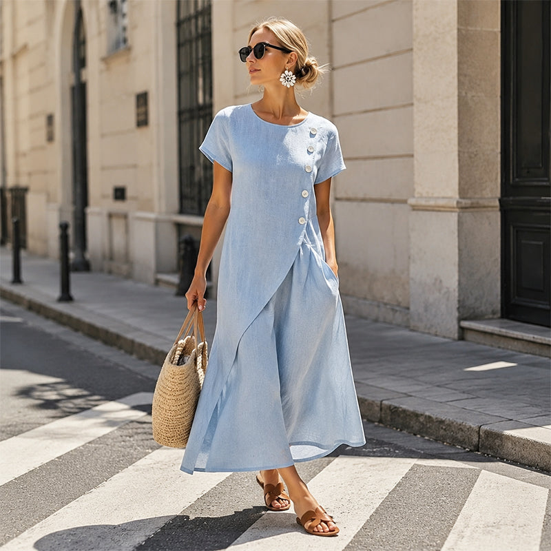 Robe midi Femme Coton Lin Boutons Asymétriques - PanierRoyale