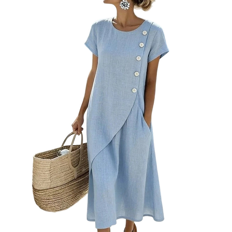 Robe midi Femme Coton Lin Boutons Asymétriques