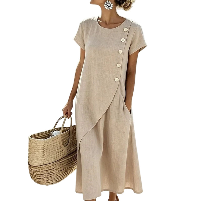 Robe midi Femme Coton Lin Boutons Asymétriques
