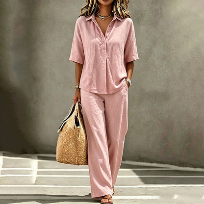 Ensemble Femme Blouse Boutonnée Fluide et Pantalon Large