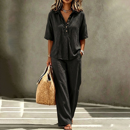 Ensemble Femme Blouse Boutonnée Fluide et Pantalon Large