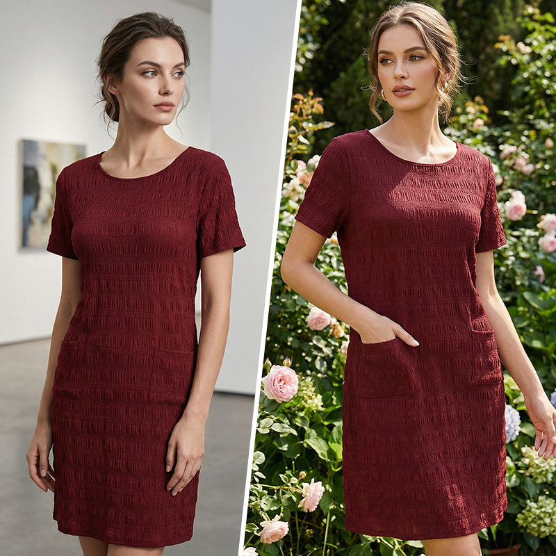 Robe Femme Texturée Poches Coupe Droite Confortable