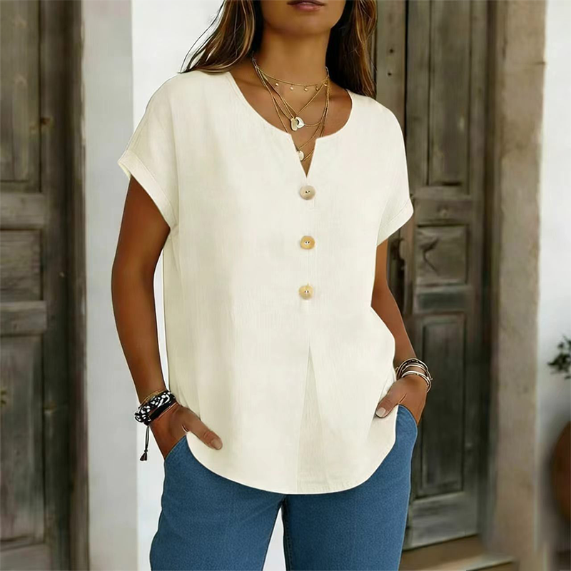 T-shirt Femme Coton Col en V Boutons Décoratifs
