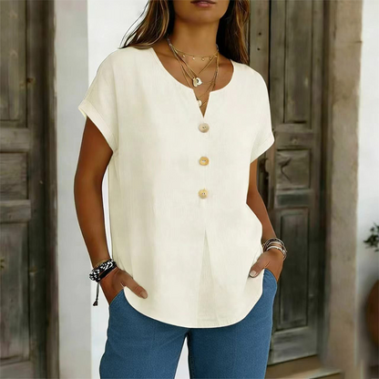 T-shirt Femme Coton Col en V Boutons Décoratifs