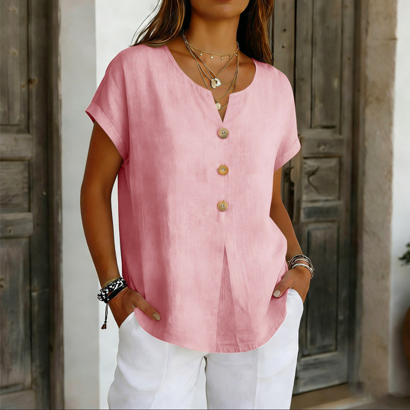 T-shirt Femme Coton Col en V Boutons Décoratifs
