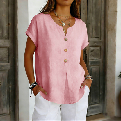 T-shirt Femme Coton Col en V Boutons Décoratifs