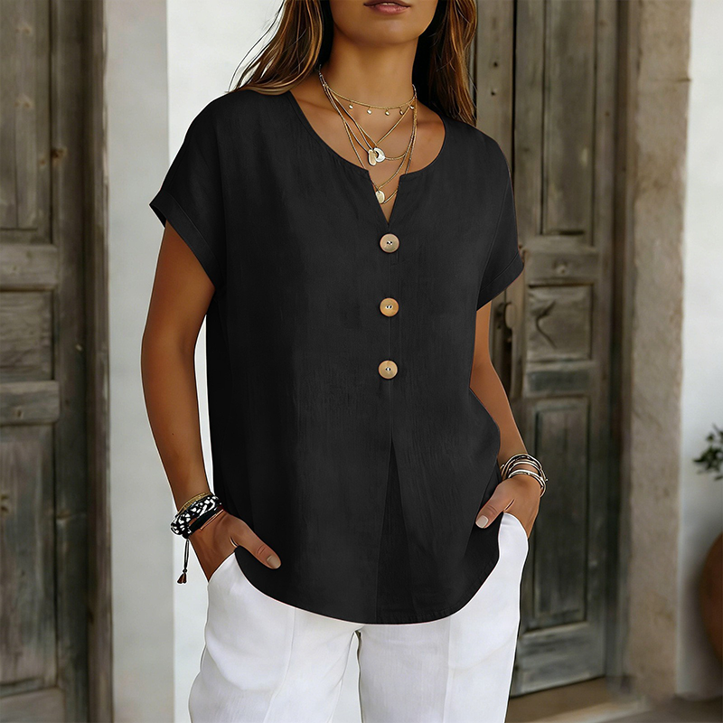 T-shirt Femme Coton Col en V Boutons Décoratifs