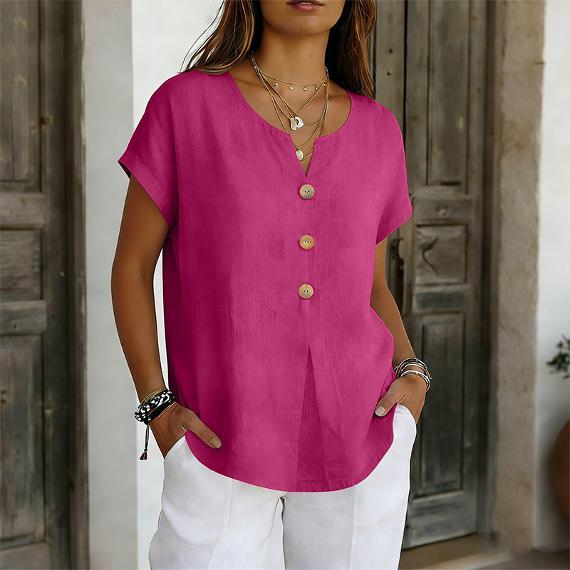 T-shirt Femme Coton Col en V Boutons Décoratifs - PanierRoyale
