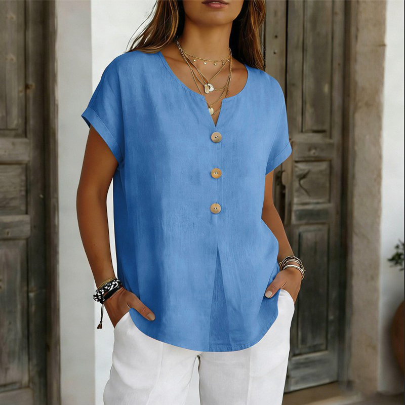 T-shirt Femme Coton Col en V Boutons Décoratifs