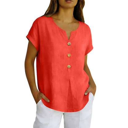 T-shirt Femme Coton Col en V Boutons Décoratifs
