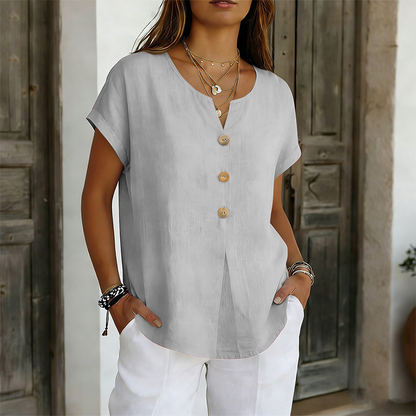 T-shirt Femme Coton Col en V Boutons Décoratifs