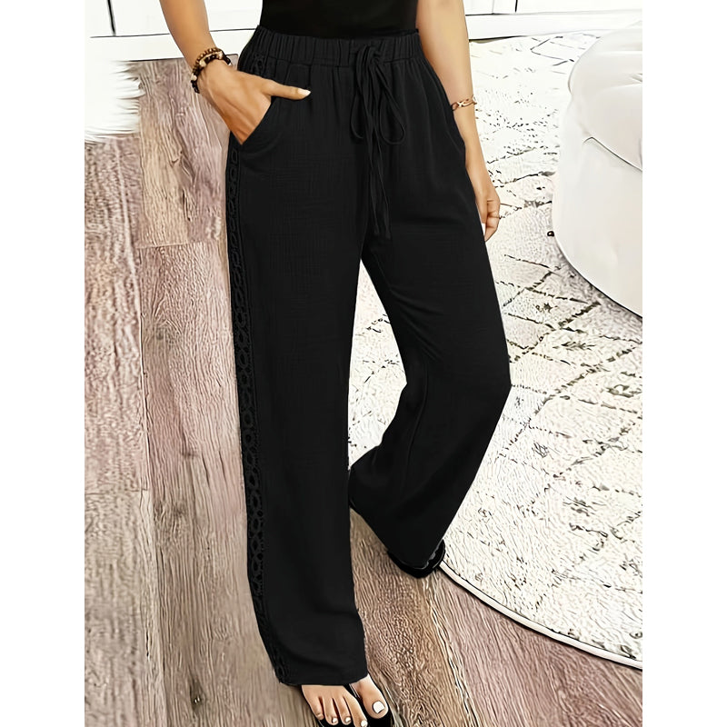 Pantalon Femme Fluide Dentelle Latérale Cordon Taille Ajustable