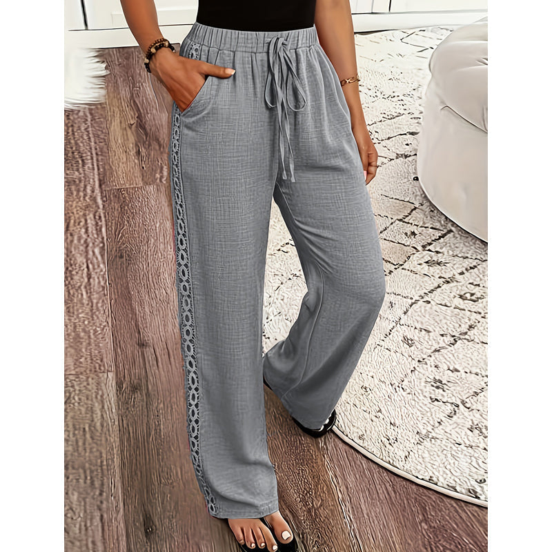 Pantalon Femme Fluide Dentelle Latérale Cordon Taille Ajustable