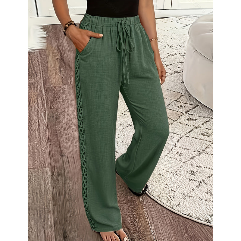 Pantalon Femme Fluide Dentelle Latérale Cordon Taille Ajustable