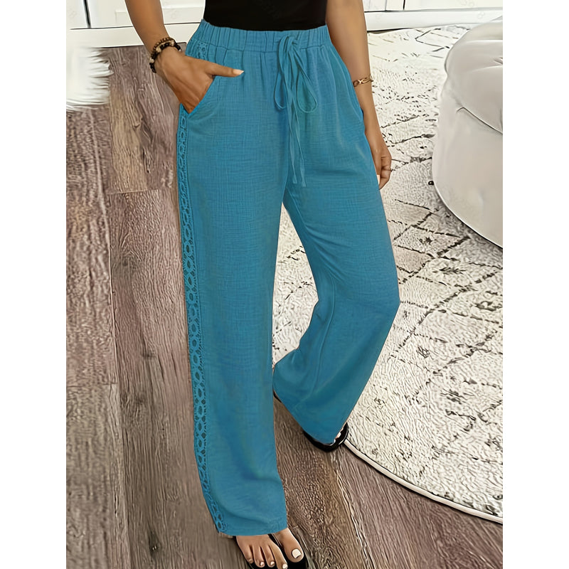 Pantalon Femme Fluide Dentelle Latérale Cordon Taille Ajustable