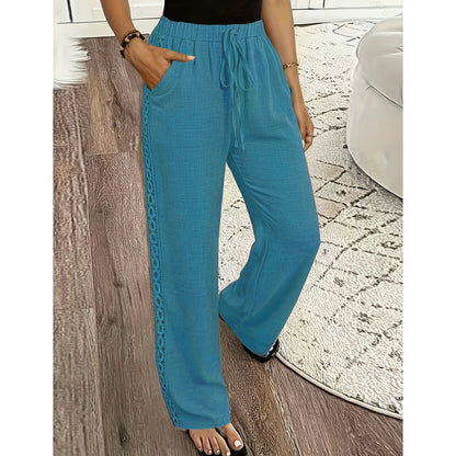 Pantalon Femme Fluide Dentelle Latérale Cordon Taille Ajustable