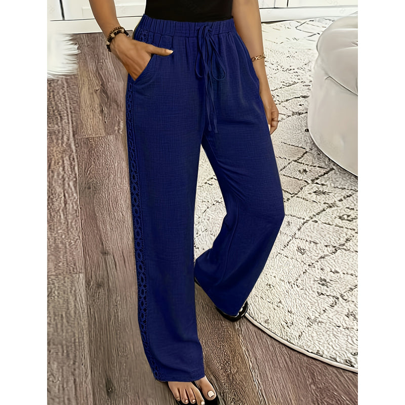 Pantalon Femme Fluide Dentelle Latérale Cordon Taille Ajustable