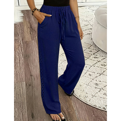 Pantalon Femme Fluide Dentelle Latérale Cordon Taille Ajustable