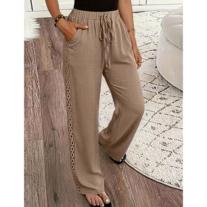 Pantalon Femme Fluide Dentelle Latérale Cordon Taille Ajustable